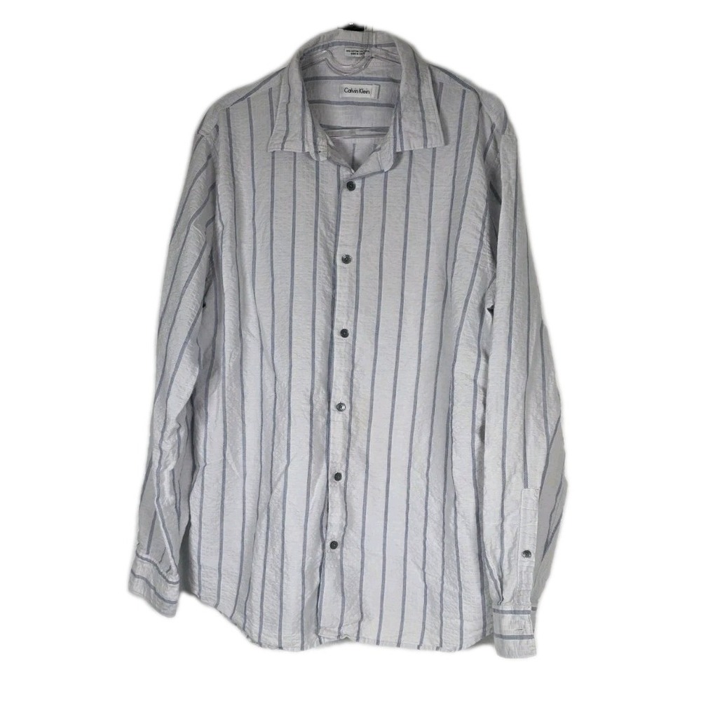 Calvin Klein Men's Long Sleeve Shirt White Blue Spread Collar Button Down Large